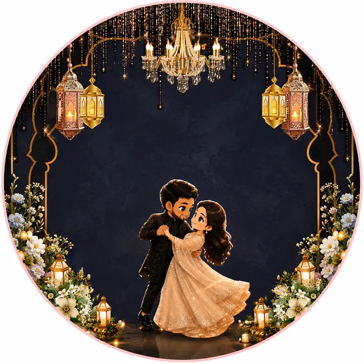 Illustrated couple dancing beneath wedding lights and flowers