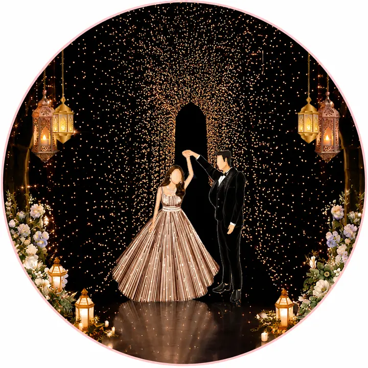 Elegant illustrated couple dancing beneath golden wedding lights